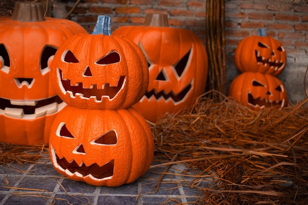 Craved pumpkin put on rice straw in Halloween theme