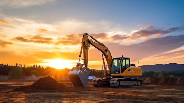 Crawler excavator during earthwork on construction site at sunset heavy earth mover on the construction site