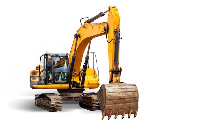 Crawler excavator isolated on white background Powerful excavator with an extended bucket closeup Construction equipment for earthworks element for design