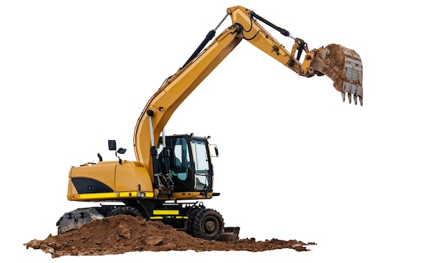 Crawler excavator isolated on white background Powerful excavator with an extended bucket closeup Construction equipment for earthworks element for design