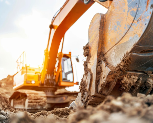 Photo crawler excavator with backhoe digging soil at construction site excavation vehicle in action