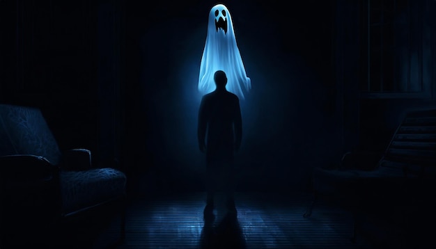 Photo crawling ghost above him at dark and quiet night creepy nightmare concept