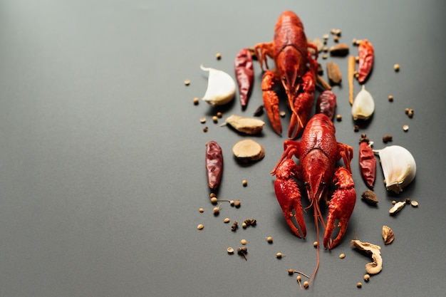 Crayfish red, Baby Lobster with herb for stir fry on black background