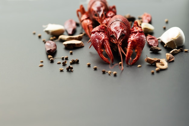 Crayfish red, Baby Lobster with herb for stir fry on black background