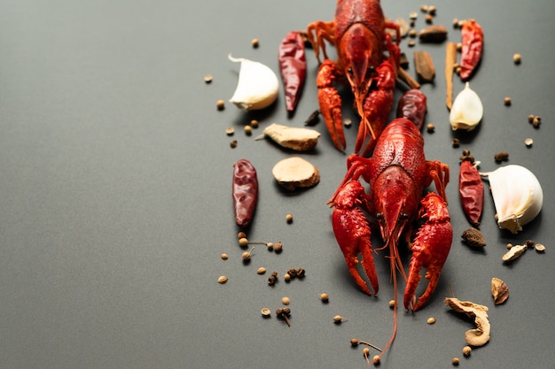 Crayfish red Baby Lobster with herb for stir fry on black background