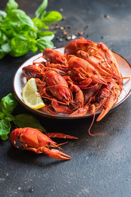 Crayfish red fresh boiled seafood crustaceans meal snack on the table copy space food background