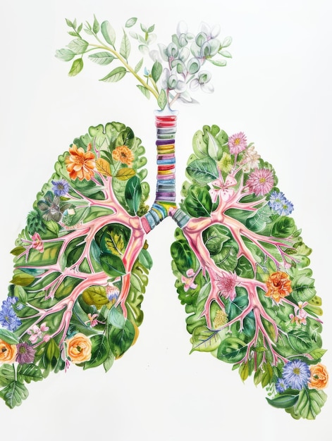 crayon drawing anatomical human lungs made of green leaves and colorful flowers