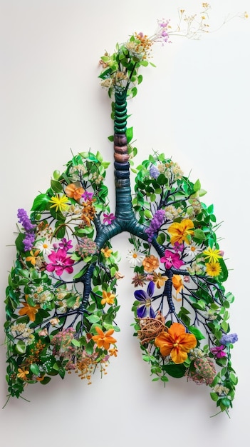 crayon drawing anatomical human lungs made of green leaves and colorful flowers