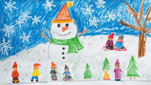 Crayon Drawing of Snowman and Sledding Children