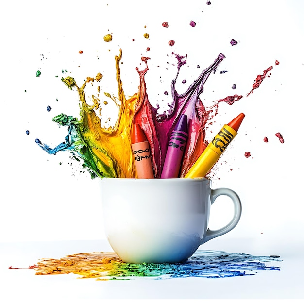 Photo crayons splashing into a white cup creating a colorful explosion