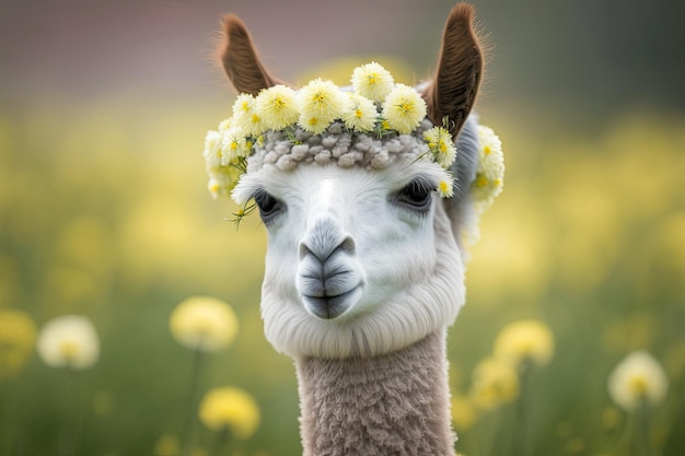 Crazed alpaca wearing a crown of dandelion blossoms Camelid from South America