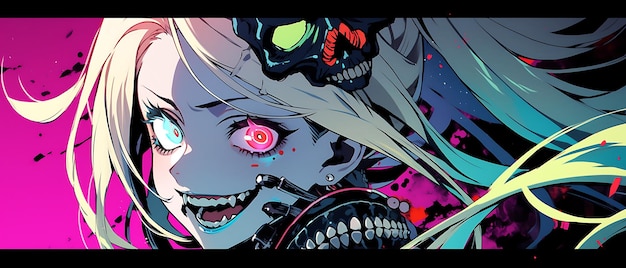 Crazy anime girl cyberpunk digital painting Manga woman evil dark Halloween theme