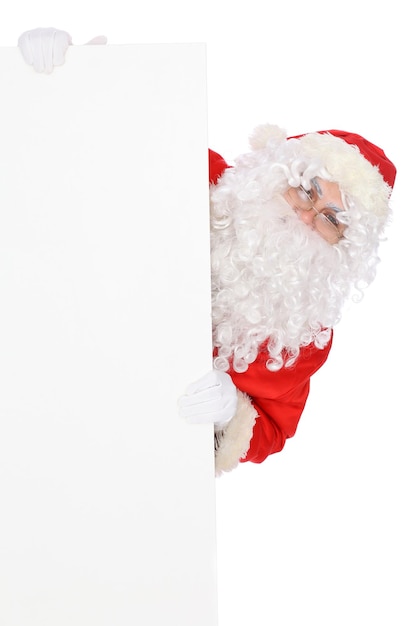 Crazy cheerful Santa Claus near copy space area isolated over white background Merry Christmas and New Year concept