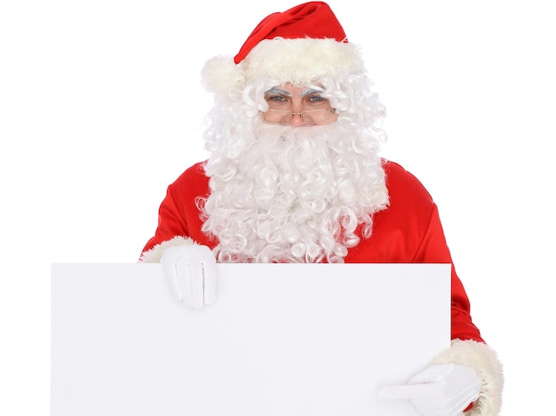 Crazy cheerful Santa Claus near copy space area isolated over white background Merry Christmas and New Year concept