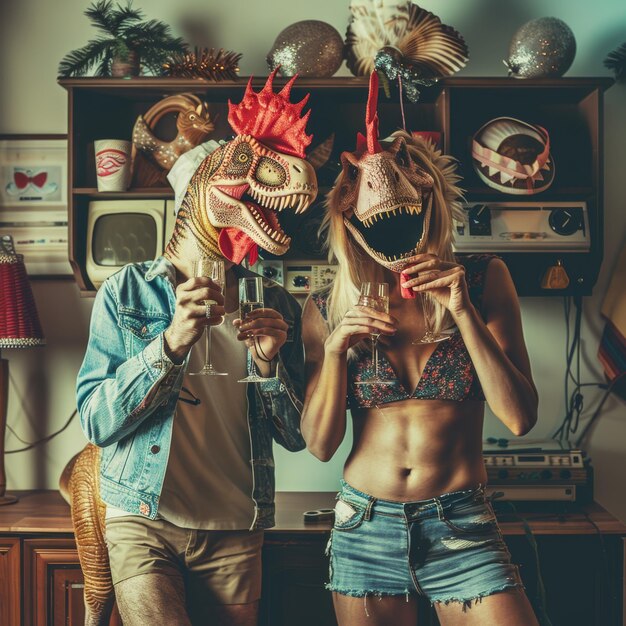 Photo crazy couple in dinosaur masks celebrating new year eve wearing lizard heads having fun drinking champagne