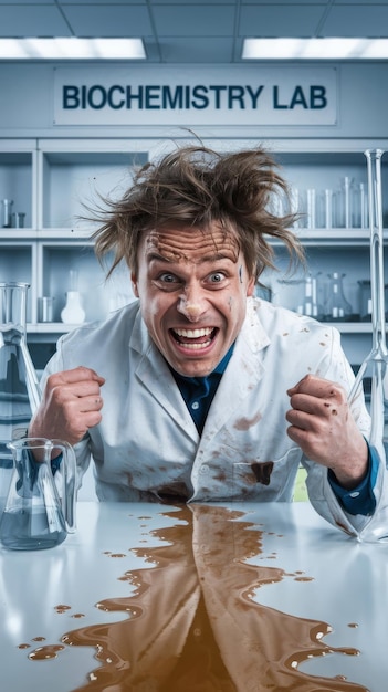 Photo crazy foolish biochemist with funny expressions dirty face and messy hr after fled laboratory expe