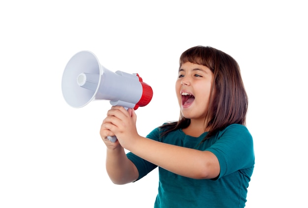 Crazy funny girl shouting through a megaphone