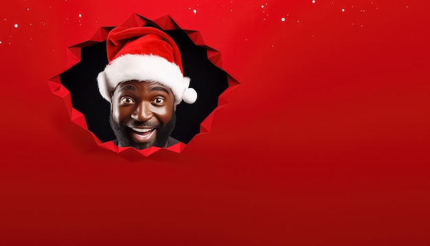 crazy funny man in Santa Claus suit breaks the red background and peeks out