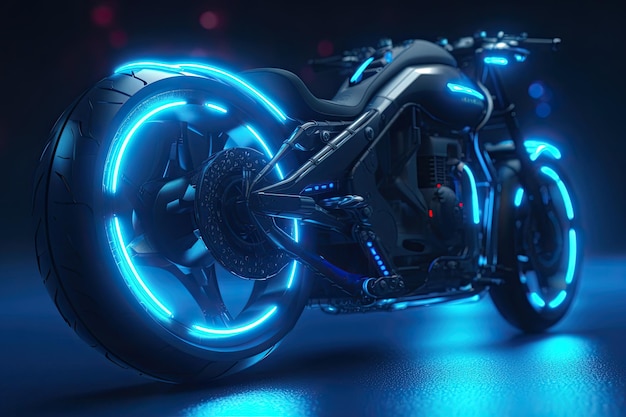 Crazy Futuristic Motorbike with Blue LED Lights SciFi Technology and Glowing Black Motorcycle