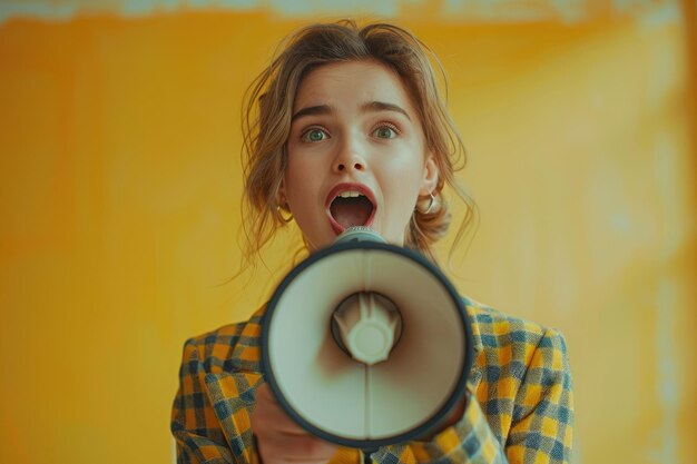 Crazy loud screaming woman uses a loudspeaker to announce the last day of sales Black Friday concept in style of chic modernist ar 32 style raw stylize 250 Job ID 43b3e8eebed040249138371f6da4b8ec