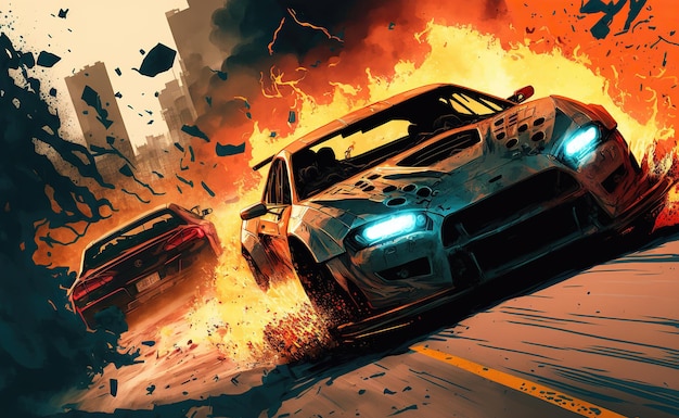 Crazy mad car chase explosions sparks action Sports cars are a danger race for survival Fire and flames from under the wheels 3d illustration