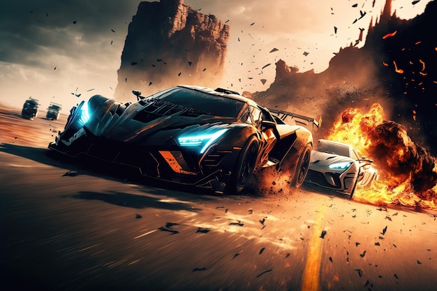 Crazy mad car chase explosions sparks action Sports cars are a danger race for survival Fire and flames from under the wheels 3d illustration