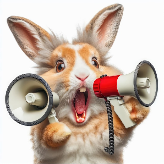 A crazy rabbit shouting in a Megaphone and loudspeaker isolated on a white background