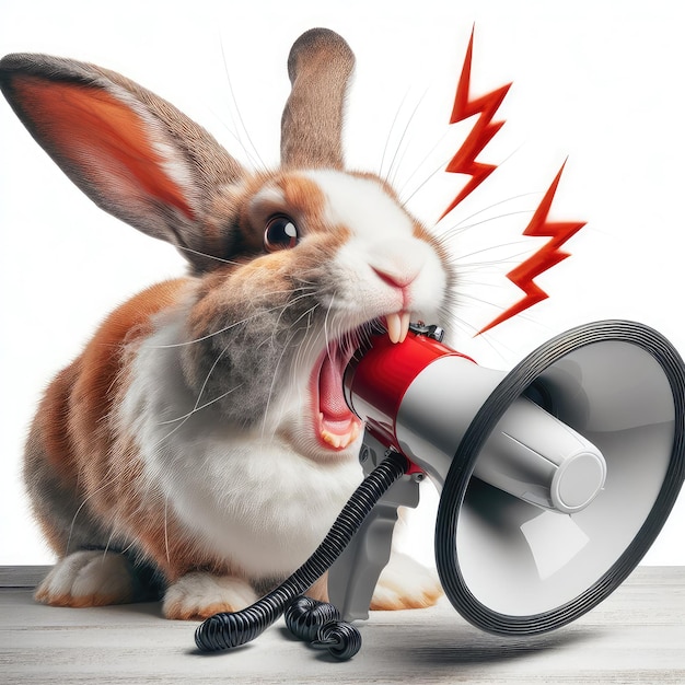 A crazy rabbit shouting in a Megaphone and loudspeaker isolated on a white background