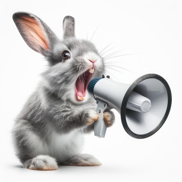 A crazy rabbit shouting in a Megaphone and loudspeaker isolated on a white background