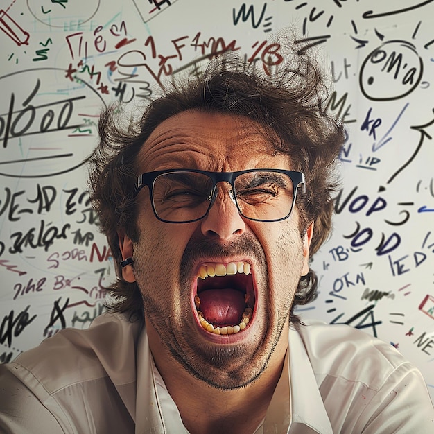 Photo crazy scientist writing on whiteboard