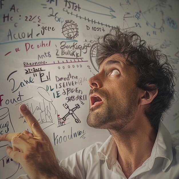 Photo crazy scientist writing on whiteboard