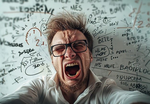 Photo crazy scientist writing on whiteboard