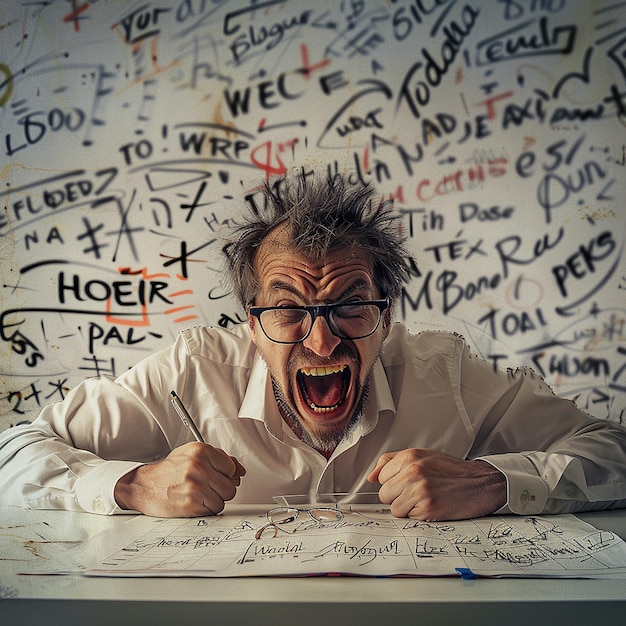 Photo crazy scientist writing on whiteboard