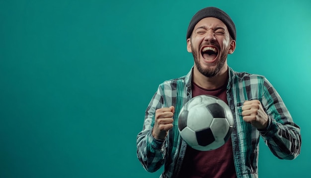 Photo crazy sports fan with soccer ball on solid background