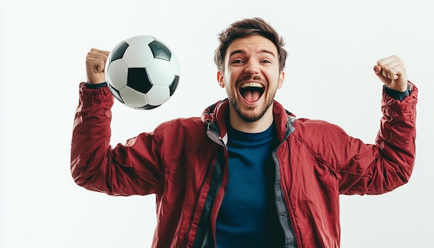 Photo crazy sports fan with soccer ball on white background