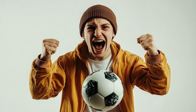 Photo crazy sports fan with soccer ball on white background