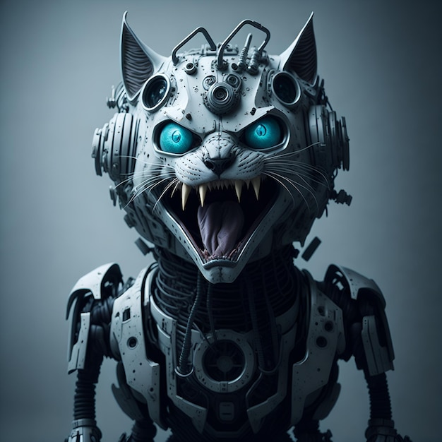 Crazy white robot cat with frightening face