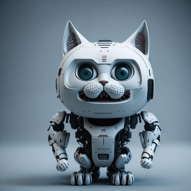 Crazy white robot cat with frightening face