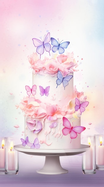 Cream cake with colorful splashes flowers and butterflies Watercolor illustration Perfect for celebrations or bakery advertisements Vertical format