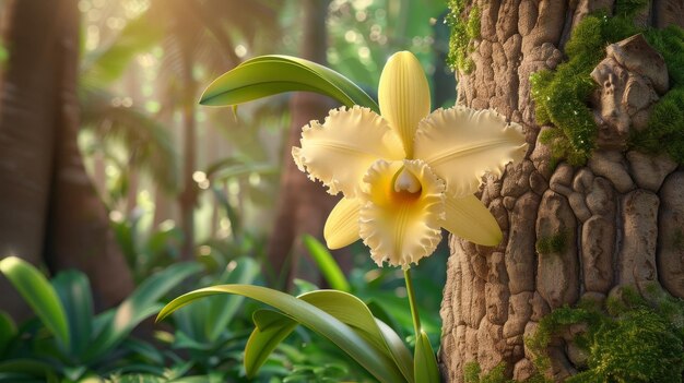 Cream cattleya orchid on tree bark in lush tropical forest botanical illustration for naturalists