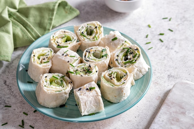 Cream cheese dill cucumber tortilla wrap