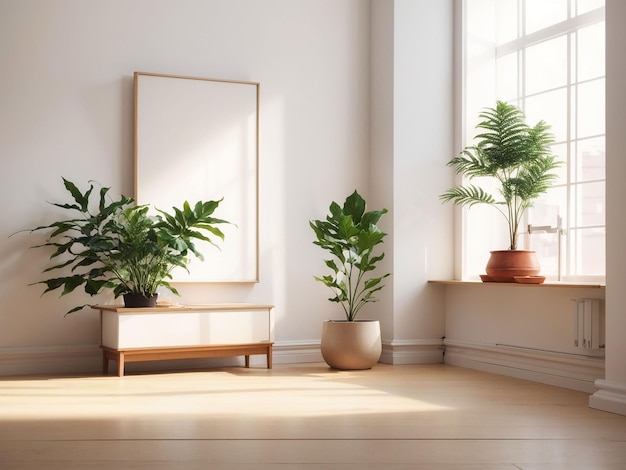 Cream color wall empty room with plants on a wooden floor3d rendering