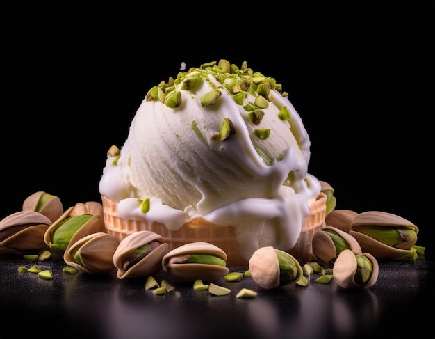 Photo cream ice cream with pistachio on an black background