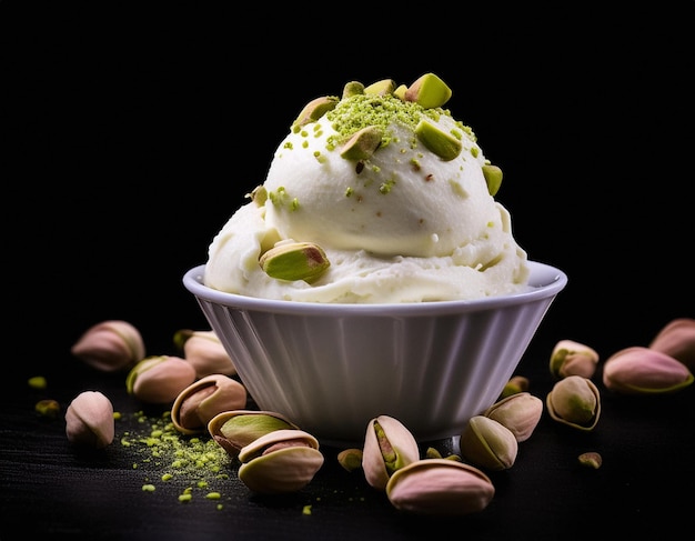 Photo cream ice cream with pistachio on an black background