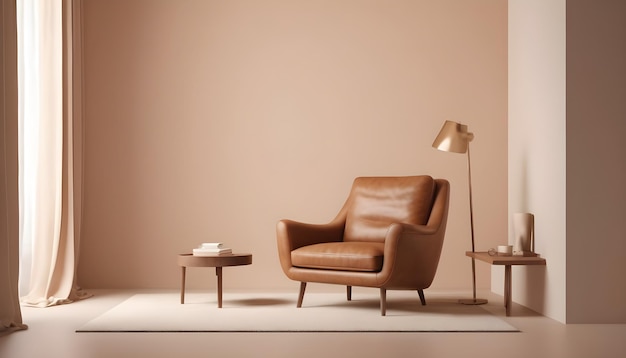 Cream room wall mock up in warm tones with leather armchair and decoration minimal3d rendering