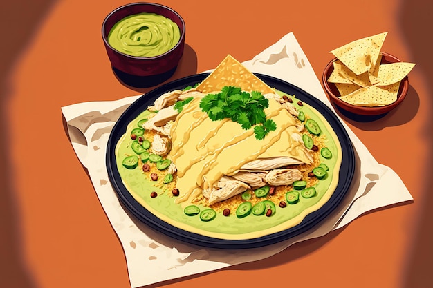 A cream sauced chicken nacho tortilla with guacamole dip is placed next to it