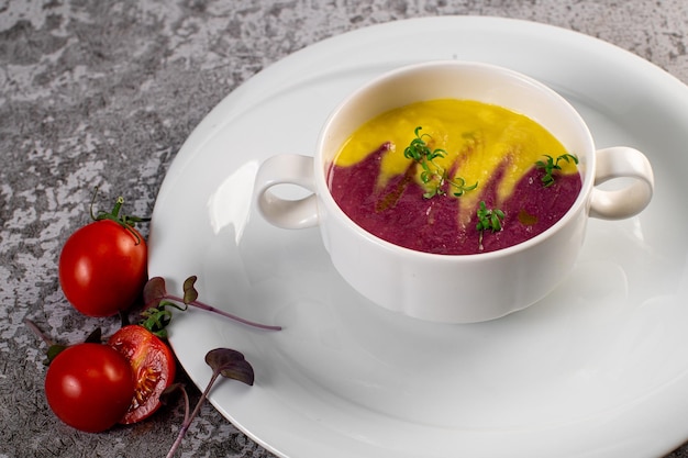 Cream soup mixed pumpkin and beet Vegetarian food