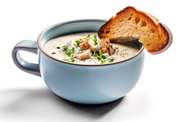 Cream soup with blue cheese bread and microgreens on white background