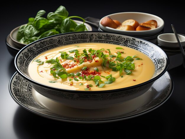 Cream soup with bread and herbs Generative AI