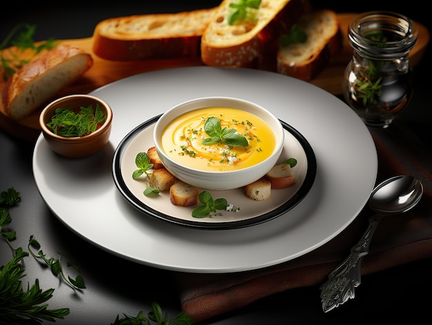 Cream soup with bread and herbs Generative AI